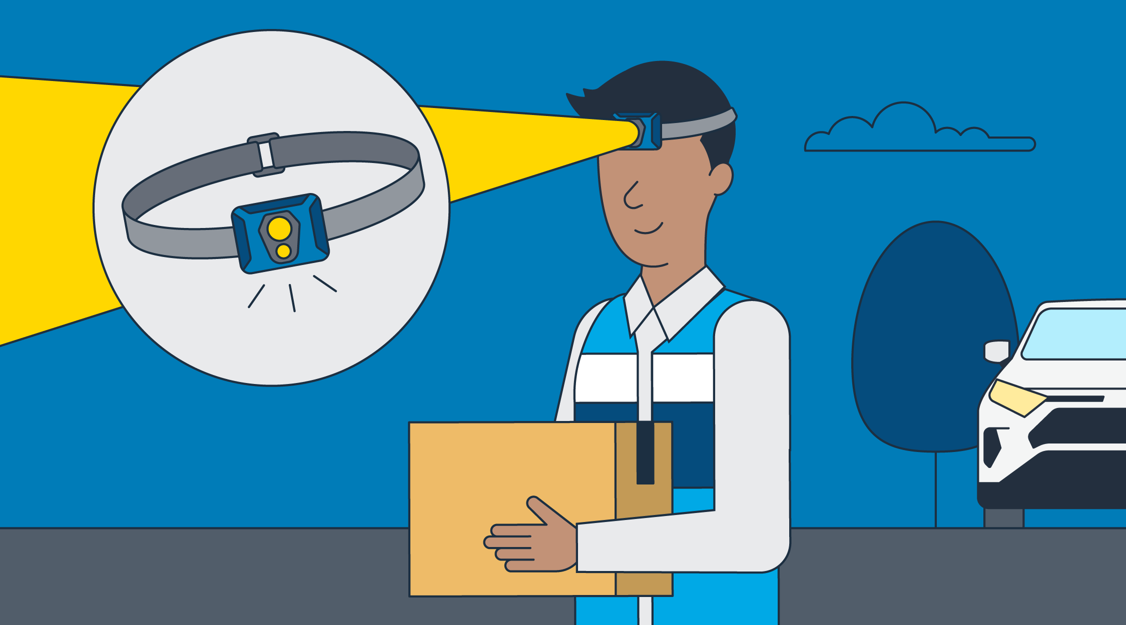 Graphic of a man holding a package wearing a headlamp, and the headlamp zoomed in on